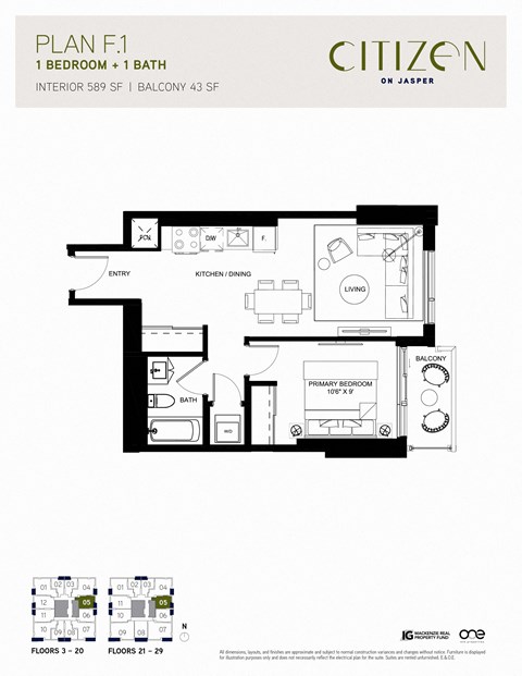 1 bed 1 bath F1 Floor Plan at Citizen on Jasper, Edmonton